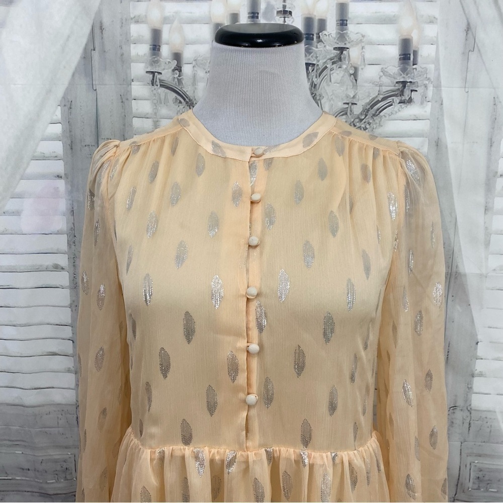 A Loves A Size Small Peach Silver Half Button Babydoll Mini Dress Long Sleeve - Picture 5 of 16